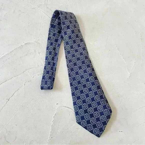 Hermes Necktie Men's 100% Silk Luxury Geometric Chain Logo Blu Made in France - Picture 2 of 11